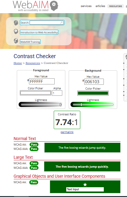 Validación de contraste de colores según WCAG AA con WebAIM Contrast Checker